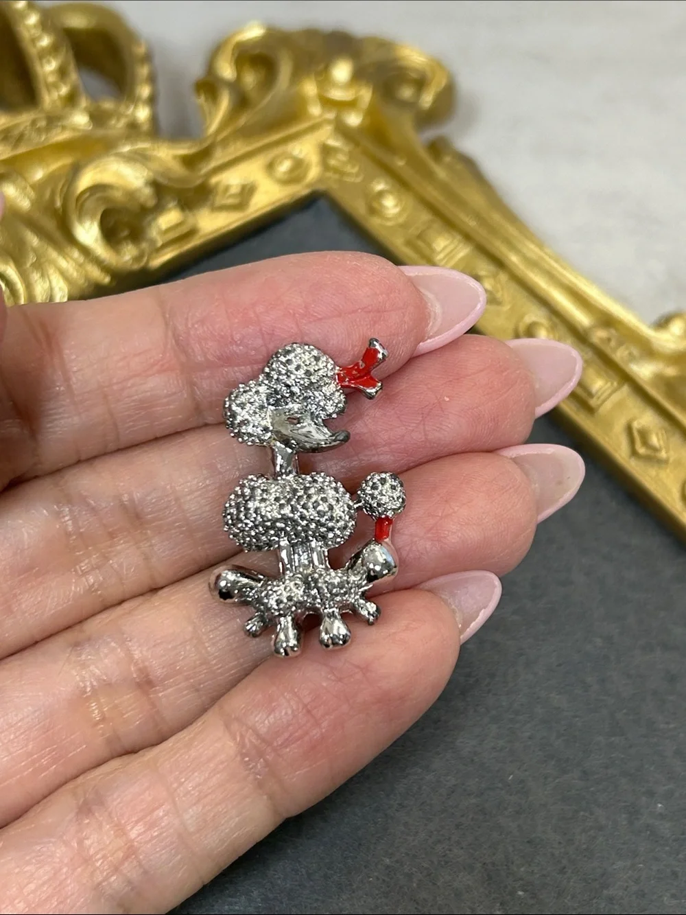 Silver Poodle Brooch with Red Accents